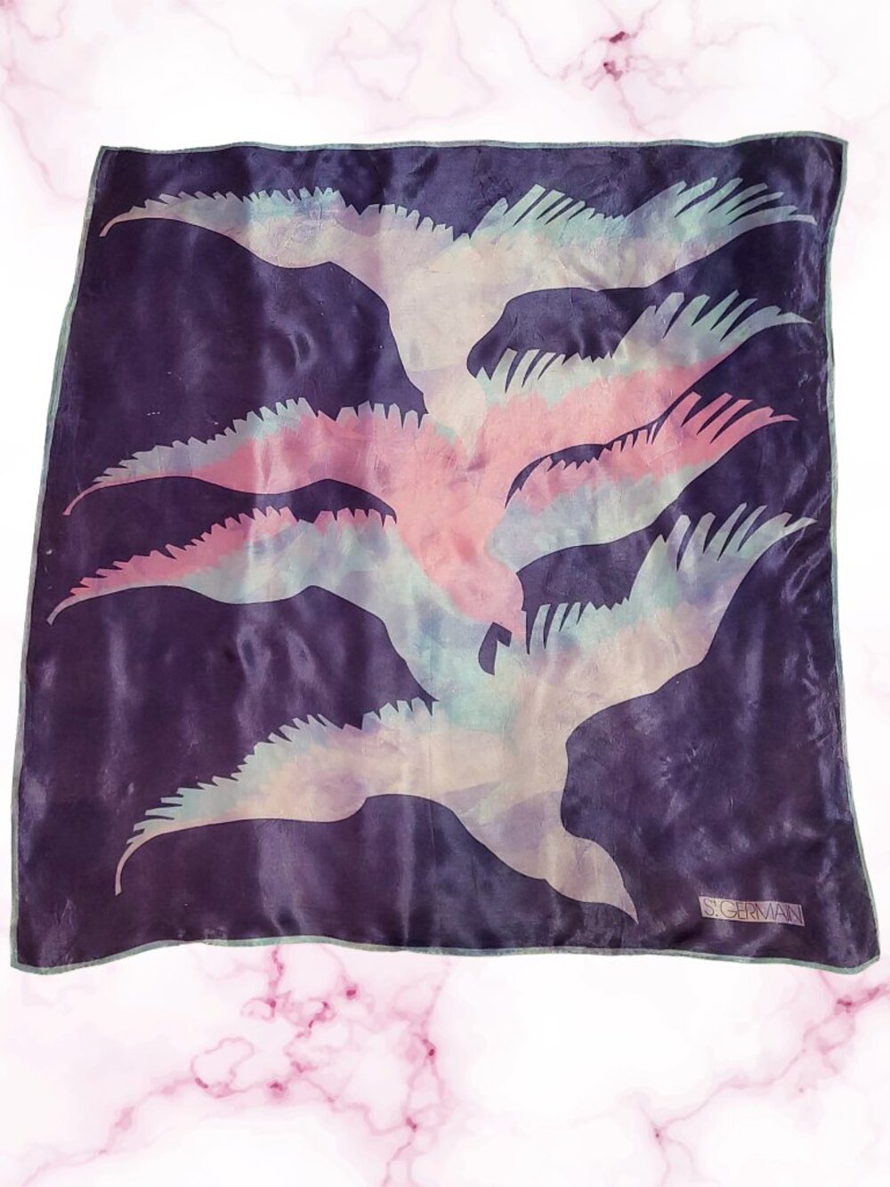 VTG St. Germain Paris | Pure Silk Square Scarf | Purple Pink | Bird Graphic